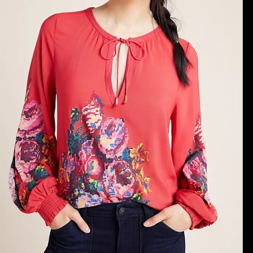 Anthropologie Monica Red Floral Embroidered Top| Size S